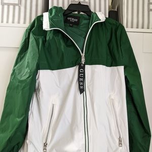 GUESS green and white rain jacket/windbreaker zip hooded  mens in size L